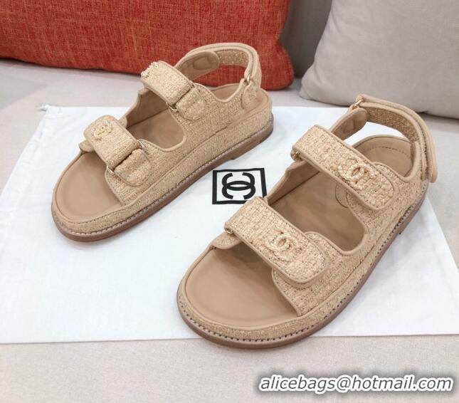 AAAAA Chanel Braided Fabric Strap Flat Sandals G35927 Beige 2021