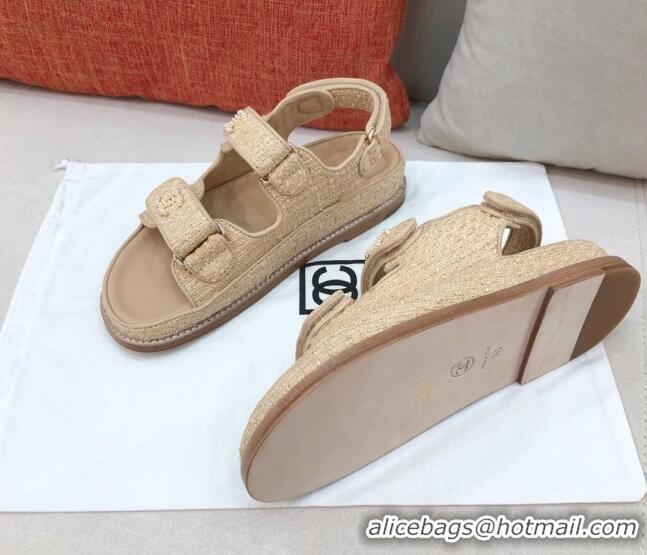 AAAAA Chanel Braided Fabric Strap Flat Sandals G35927 Beige 2021