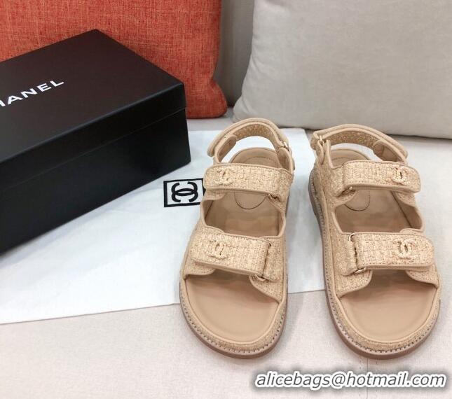 AAAAA Chanel Braided Fabric Strap Flat Sandals G35927 Beige 2021