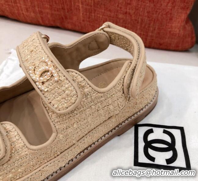 AAAAA Chanel Braided Fabric Strap Flat Sandals G35927 Beige 2021