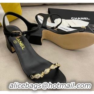 Duplicate Chanel Goatskin Leaf Charm Sandals G37336 Black 2021