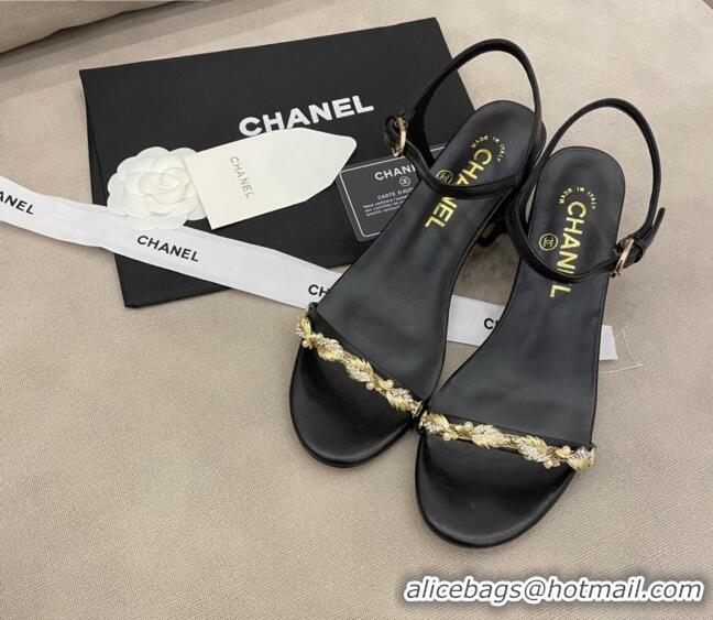 Duplicate Chanel Goatskin Leaf Charm Sandals G37336 Black 2021