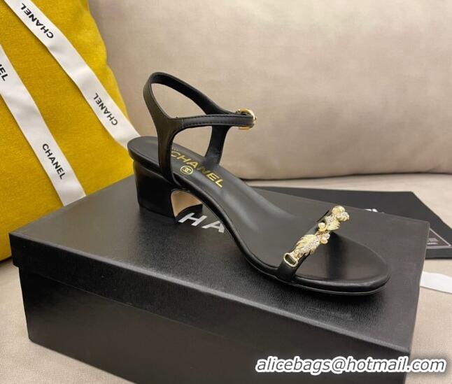 Duplicate Chanel Goatskin Leaf Charm Sandals G37336 Black 2021