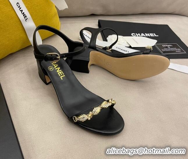 Duplicate Chanel Goatskin Leaf Charm Sandals G37336 Black 2021