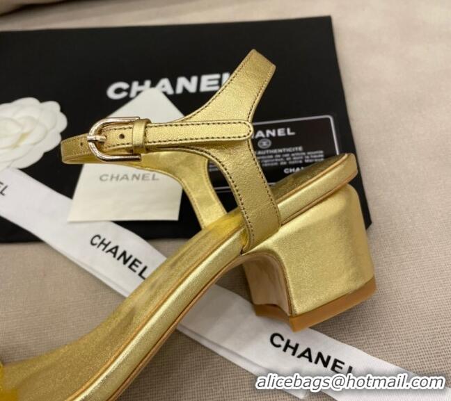 Good Quality Chanel Goatskin Leaf Charm Sandals G37336 Gold 2021