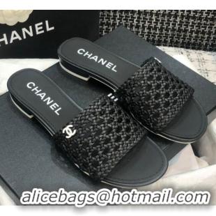 Duplicate Chanel Shiny Braided Goatskin Flat Slide Sandals G37405 Black 2021