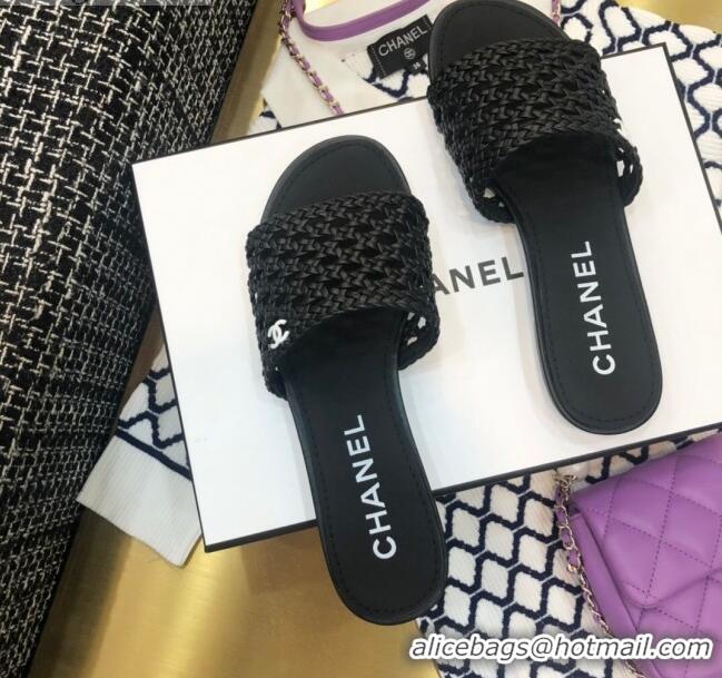 Duplicate Chanel Shiny Braided Goatskin Flat Slide Sandals G37405 Black 2021