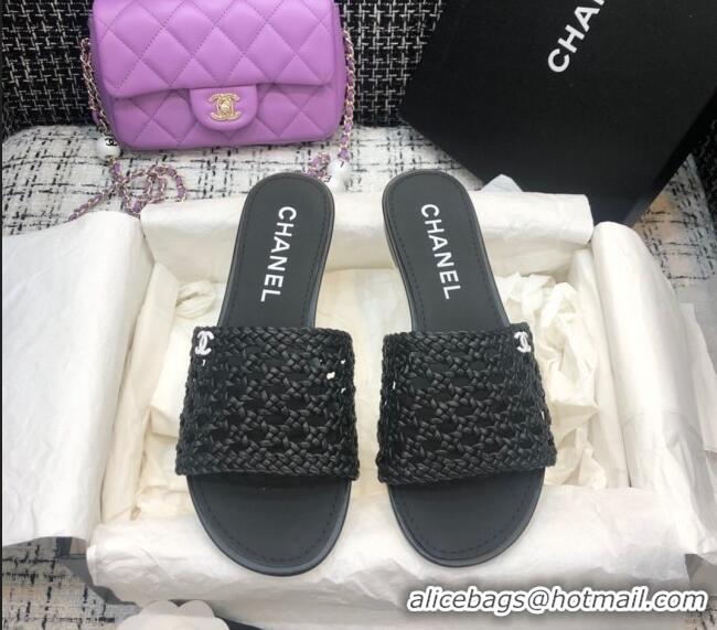 Duplicate Chanel Shiny Braided Goatskin Flat Slide Sandals G37405 Black 2021