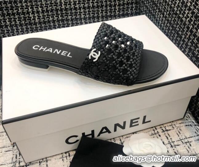 Duplicate Chanel Shiny Braided Goatskin Flat Slide Sandals G37405 Black 2021