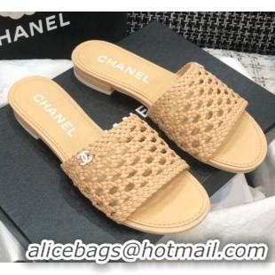 Top Quality Chanel Shiny Braided Goatskin Flat Slide Sandals G37405 Beige 2021