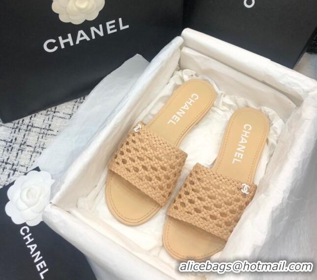 Top Quality Chanel Shiny Braided Goatskin Flat Slide Sandals G37405 Beige 2021