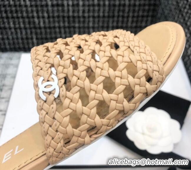 Top Quality Chanel Shiny Braided Goatskin Flat Slide Sandals G37405 Beige 2021