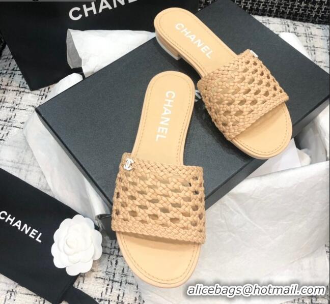 Top Quality Chanel Shiny Braided Goatskin Flat Slide Sandals G37405 Beige 2021