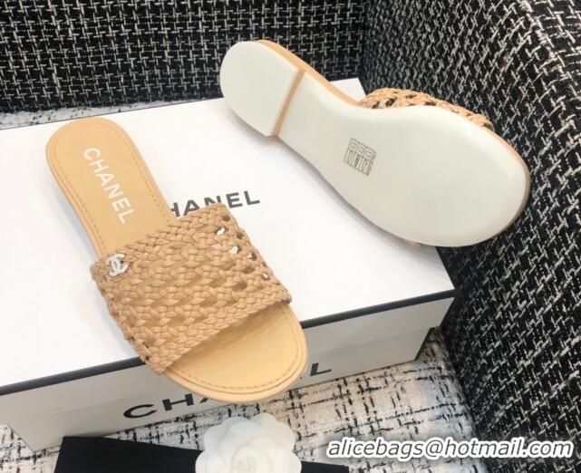 Top Quality Chanel Shiny Braided Goatskin Flat Slide Sandals G37405 Beige 2021