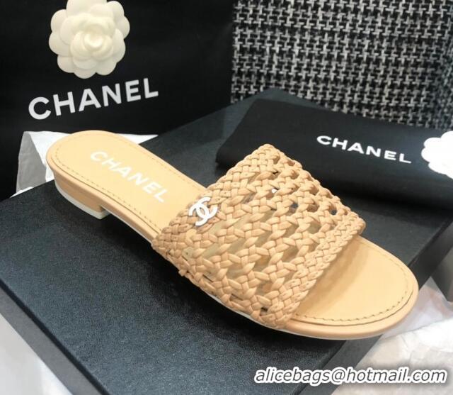 Top Quality Chanel Shiny Braided Goatskin Flat Slide Sandals G37405 Beige 2021