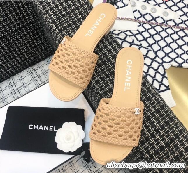 Top Quality Chanel Shiny Braided Goatskin Flat Slide Sandals G37405 Beige 2021