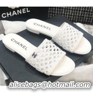 Best Price Chanel Shiny Braided Goatskin Flat Slide Sandals G37405 White 2021