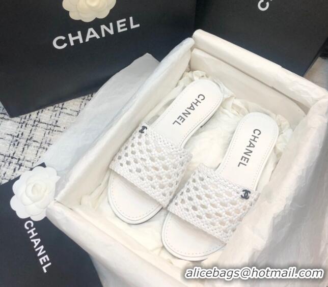 Best Price Chanel Shiny Braided Goatskin Flat Slide Sandals G37405 White 2021