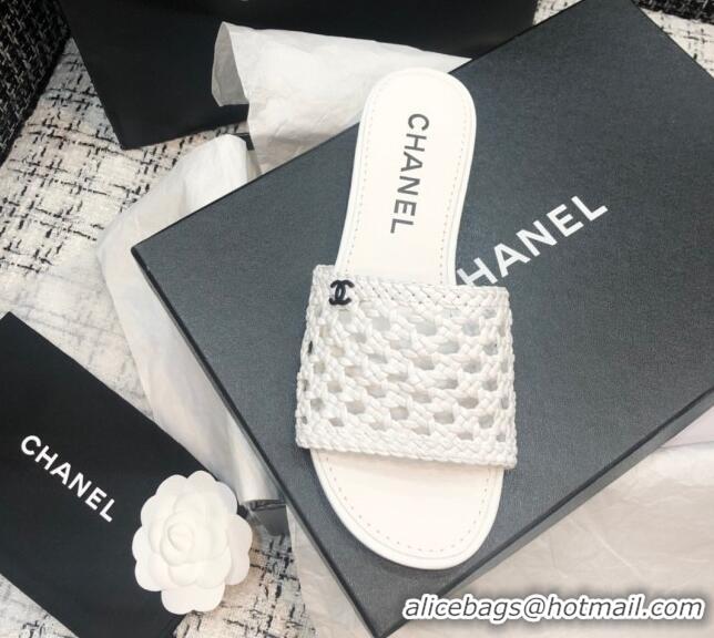 Best Price Chanel Shiny Braided Goatskin Flat Slide Sandals G37405 White 2021