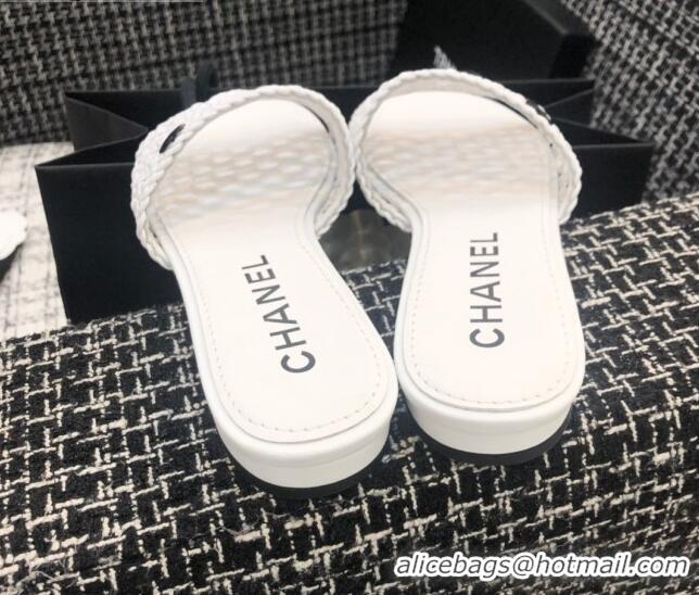 Best Price Chanel Shiny Braided Goatskin Flat Slide Sandals G37405 White 2021