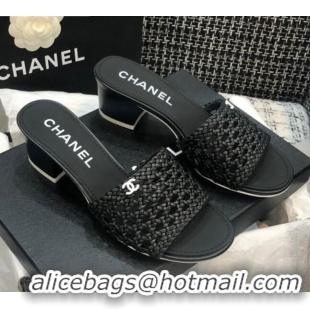 Top Quality Chanel Shiny Braided Goatskin Heel Slide Sandals G37405 Black 2021