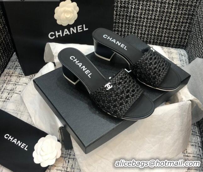 Top Quality Chanel Shiny Braided Goatskin Heel Slide Sandals G37405 Black 2021