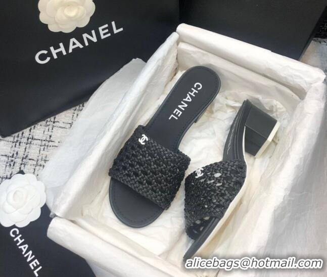 Top Quality Chanel Shiny Braided Goatskin Heel Slide Sandals G37405 Black 2021