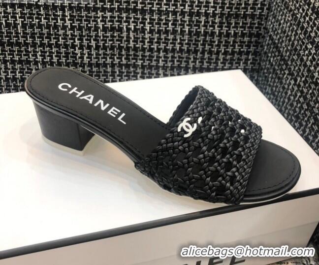 Top Quality Chanel Shiny Braided Goatskin Heel Slide Sandals G37405 Black 2021