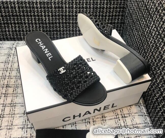 Top Quality Chanel Shiny Braided Goatskin Heel Slide Sandals G37405 Black 2021