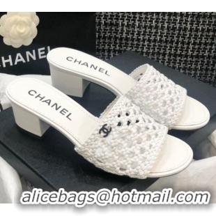 Super Quality Chanel Shiny Braided Goatskin Heel Slide Sandals G37405 White 2021