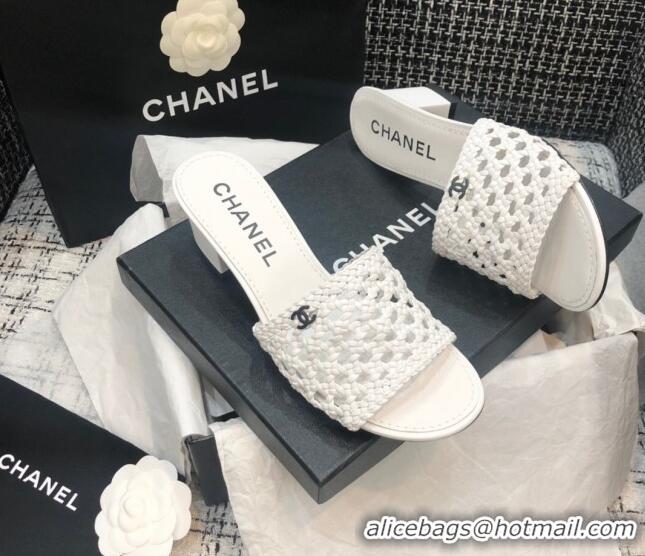 Super Quality Chanel Shiny Braided Goatskin Heel Slide Sandals G37405 White 2021