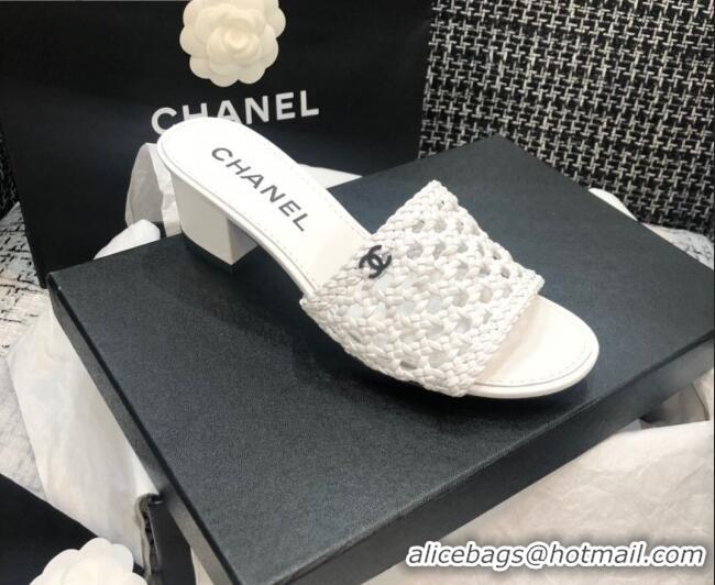 Super Quality Chanel Shiny Braided Goatskin Heel Slide Sandals G37405 White 2021