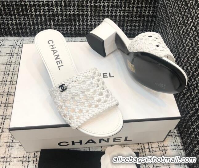 Super Quality Chanel Shiny Braided Goatskin Heel Slide Sandals G37405 White 2021