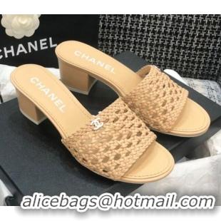 Classic Hot Chanel Shiny Braided Goatskin Heel Slide Sandals G37405 Beige 2021