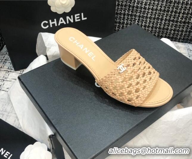 Classic Hot Chanel Shiny Braided Goatskin Heel Slide Sandals G37405 Beige 2021