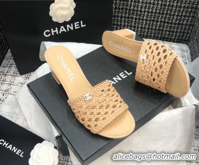 Classic Hot Chanel Shiny Braided Goatskin Heel Slide Sandals G37405 Beige 2021