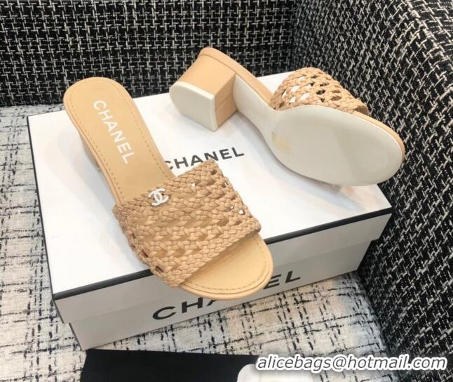 Classic Hot Chanel Shiny Braided Goatskin Heel Slide Sandals G37405 Beige 2021