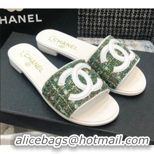 Best Price Chanel CC Tweed Flat Slide Sandals G37156 Green 2021