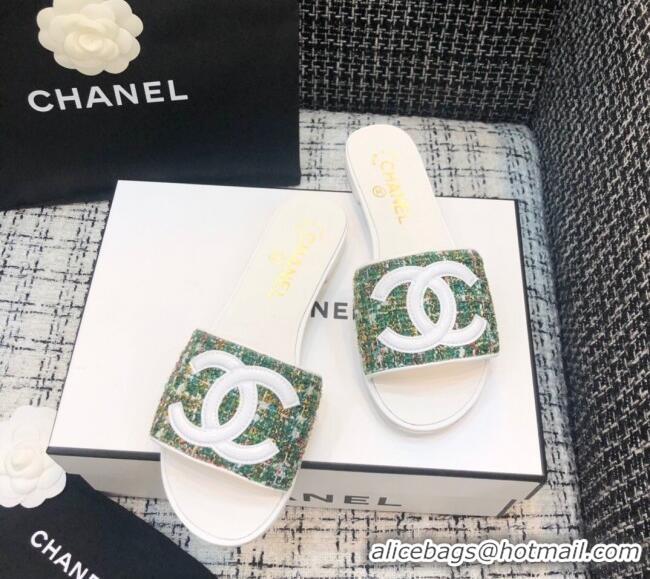 Best Price Chanel CC Tweed Flat Slide Sandals G37156 Green 2021