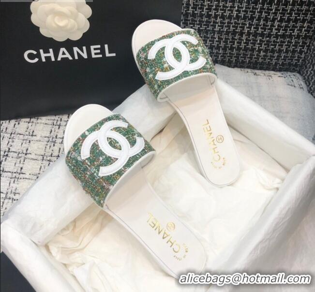 Best Price Chanel CC Tweed Flat Slide Sandals G37156 Green 2021