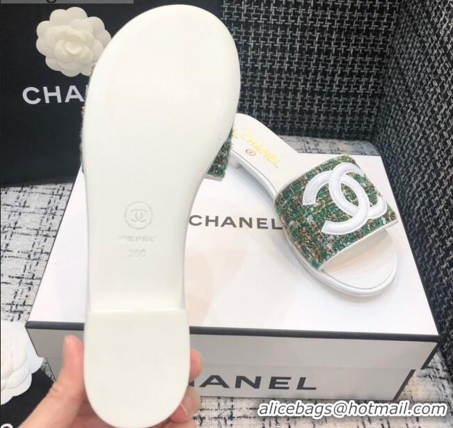 Best Price Chanel CC Tweed Flat Slide Sandals G37156 Green 2021