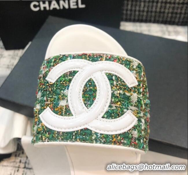 Best Price Chanel CC Tweed Flat Slide Sandals G37156 Green 2021