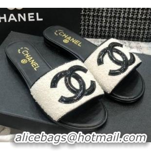 Sumptuous Chanel CC Tweed Flat Slide Sandals G37156 White 2021