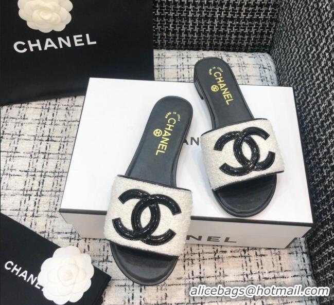 Sumptuous Chanel CC Tweed Flat Slide Sandals G37156 White 2021