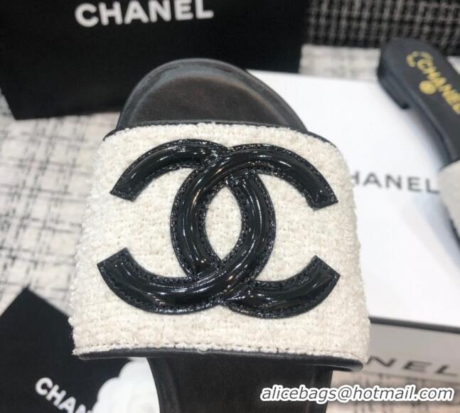 Sumptuous Chanel CC Tweed Flat Slide Sandals G37156 White 2021