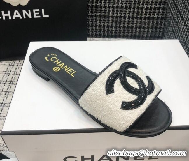 Sumptuous Chanel CC Tweed Flat Slide Sandals G37156 White 2021