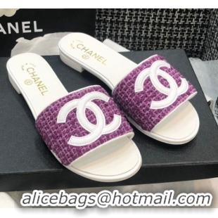 Luxury Chanel CC Tweed Flat Slide Sandals G37156 Purple 2021