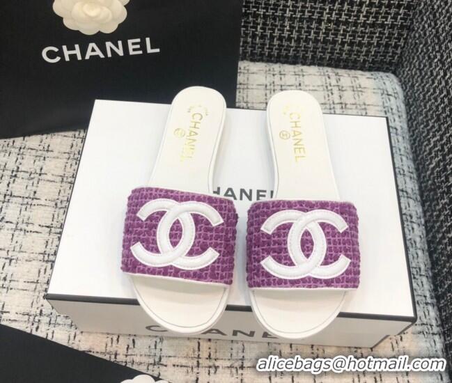 Luxury Chanel CC Tweed Flat Slide Sandals G37156 Purple 2021