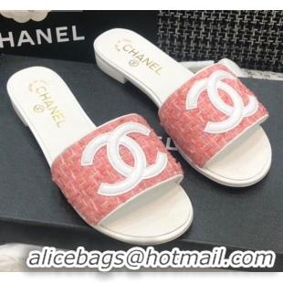 AAAAA Chanel CC Tweed Flat Slide Sandals G37156 Pink 2021