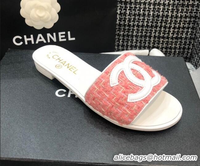 AAAAA Chanel CC Tweed Flat Slide Sandals G37156 Pink 2021